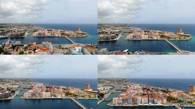 全景高角度航拍摄影与海岸警卫队快船和女王艾玛浮桥建立了Handelskade