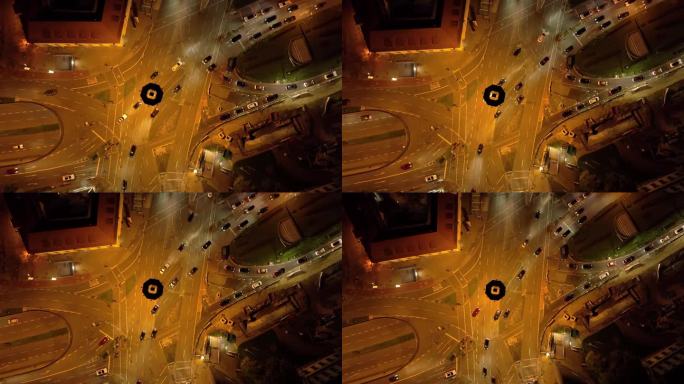 夜间照明斯图加特城市大交通街道十字路口空中俯视全景4k德国