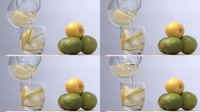 冷柠檬水倒进玻璃杯
