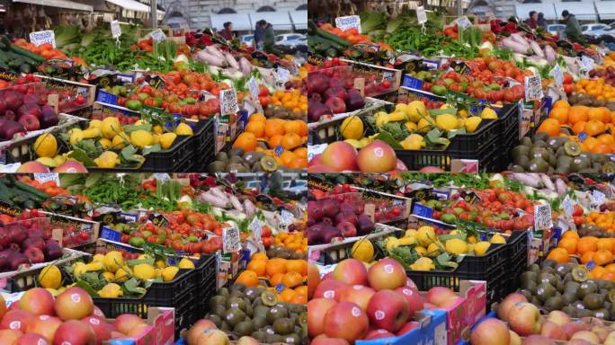 意大利市场的摊位是一场视觉盛宴，展示了新鲜农产品的花园盛宴。