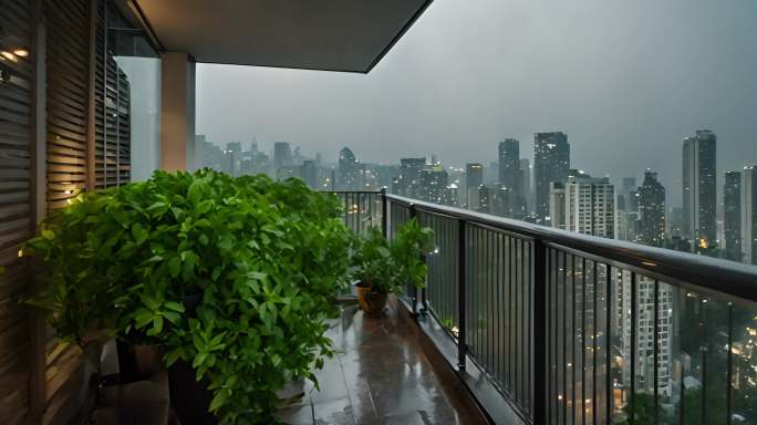 雨滴琴键：雨中城市阳台的静谧时光