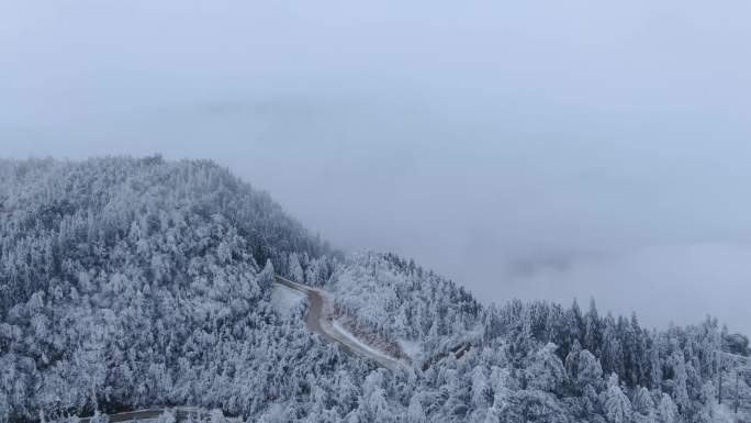 航拍冬天雪景 盘山公路 风景  冰冻大山