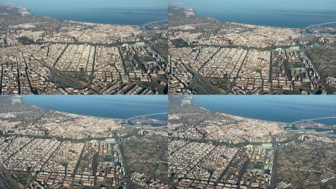 西班牙瓦伦西亚市。全景鸟瞰图，在黄金时段从机场起飞的飞机驾驶舱拍摄的飞行员视角。海港和市中心的景色。