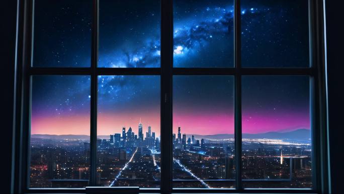 城市夜晚静谧星辰夜空星空梦幻舞台窗台