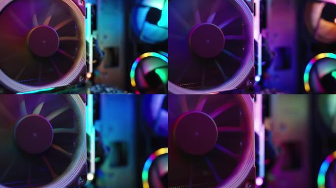 电脑冷却器为处理器降温，在黑暗中发出彩虹色的光芒。多莉的轰鸣。