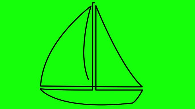 动画黑色游艇绘制。帆船的线形符号。旅游、休闲、航海、帆船赛的概念。毛圈的视频。线矢量插图孤立的绿色背