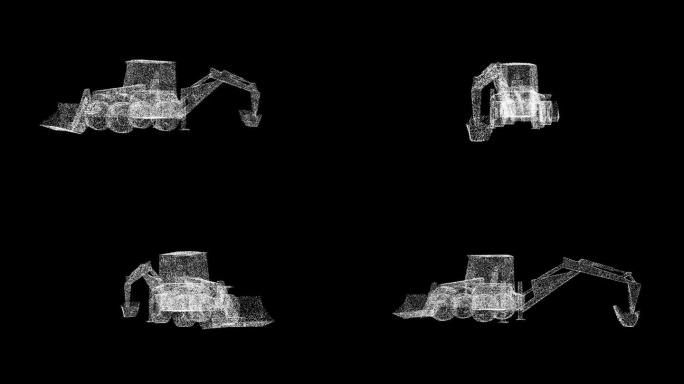3D挖掘机在黑色背景上旋转。工程机械概念。带铲斗的拖拉机。商业广告背景。用于标题，文本，演示。3d动