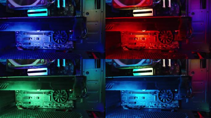 主板与连接显卡彩虹RGB照明，闪烁。查看PC内部。