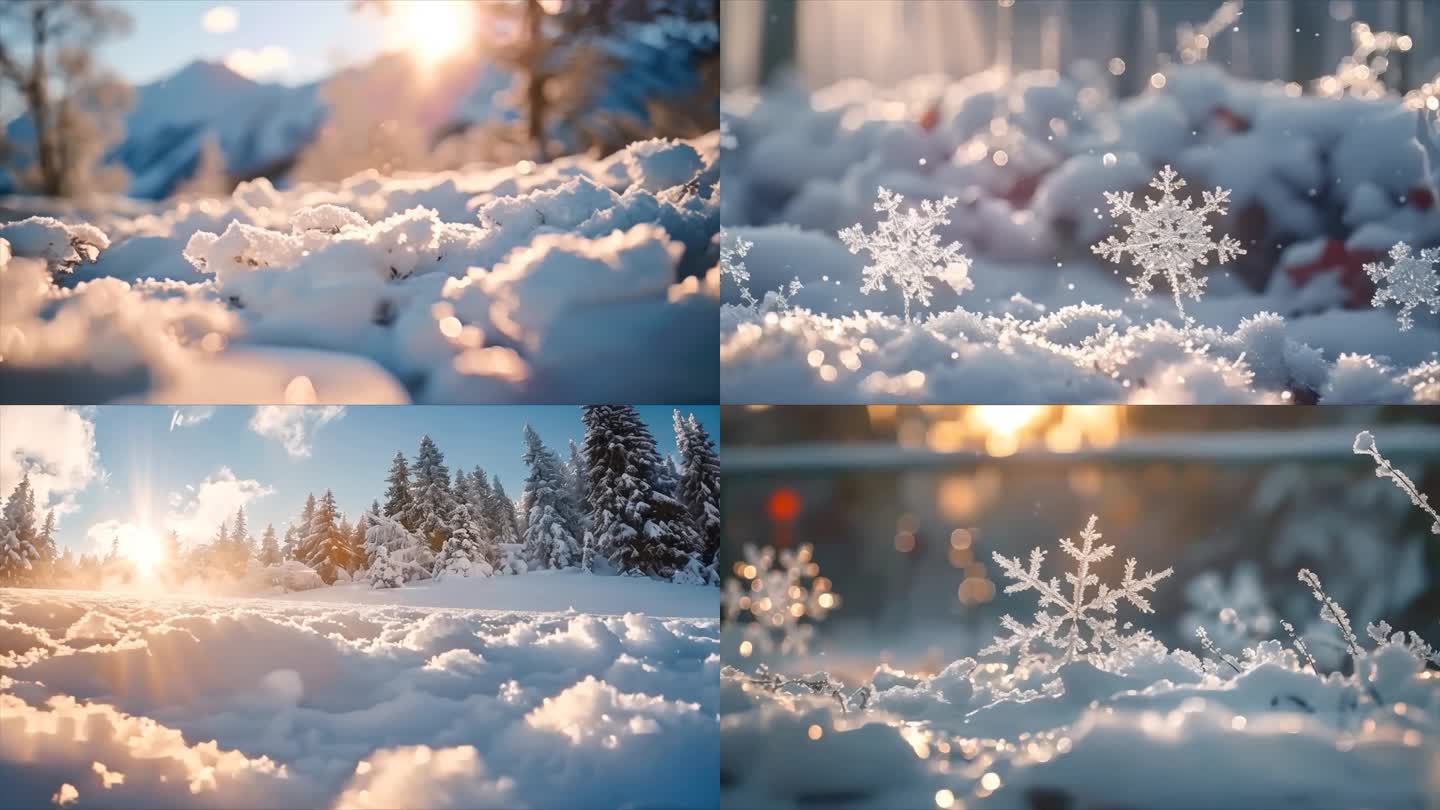 冬天雪花雪景下雪天冰晶雪花特写空镜头唯美