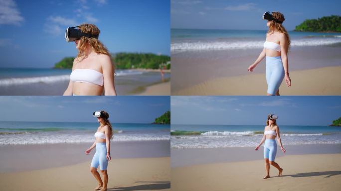 戴VR头显的女人探索虚拟海滩，在沙滩上行走，体验身临其境的海岸环境。海边休闲科技，互动游戏，未来旅游