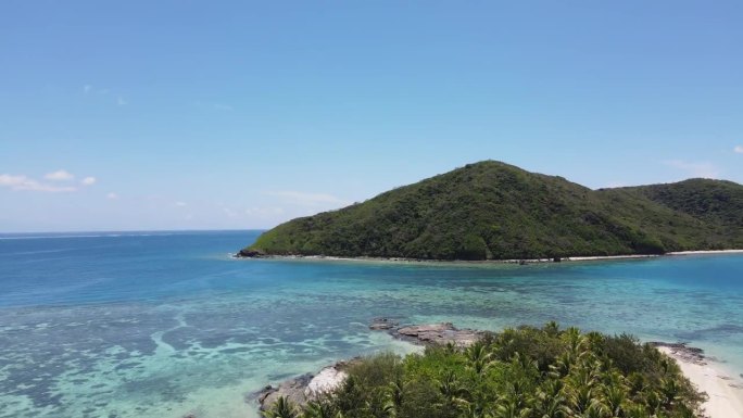 航拍上升拍摄美丽的棕榈树景观在热带岛屿。斐济群岛的海滩天堂度假胜地