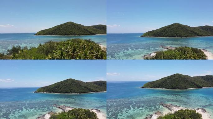 航拍上升拍摄美丽的棕榈树景观在热带岛屿。斐济群岛的海滩天堂度假胜地