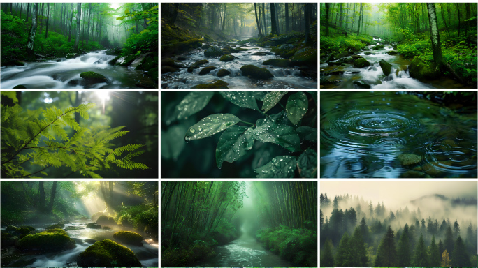 自然森林绿色阳光溪流植物生态环境