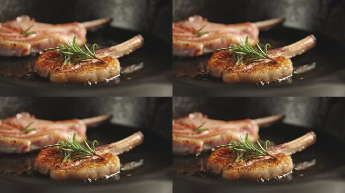 煎羊排羊肉铸铁锅煎锅平底锅美食特写