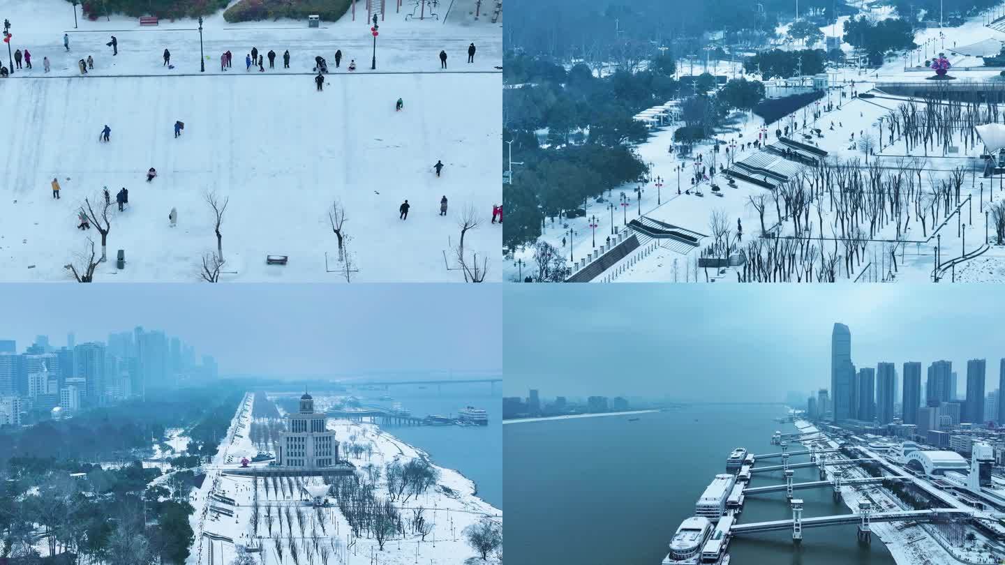 4K航拍汉口江滩滑梯天然滑雪场雪景