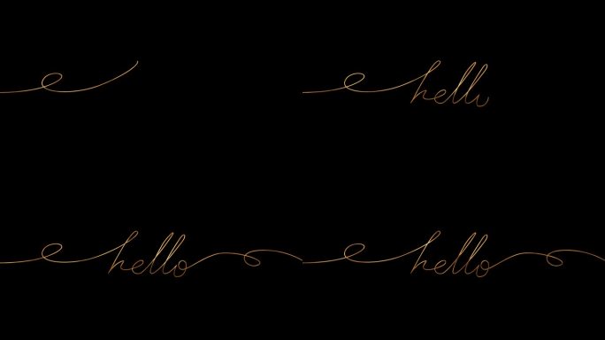 动画连续单线手绘字Hello在金色，手写线条艺术动画。4k视频alpha通道