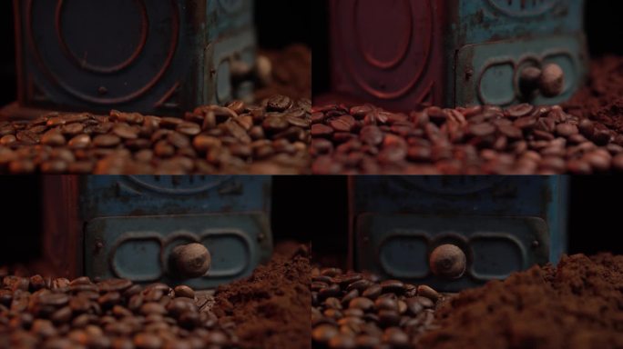 复古质朴的手工咖啡研磨机，烘焙咖啡豆和细磨咖啡宏观特写