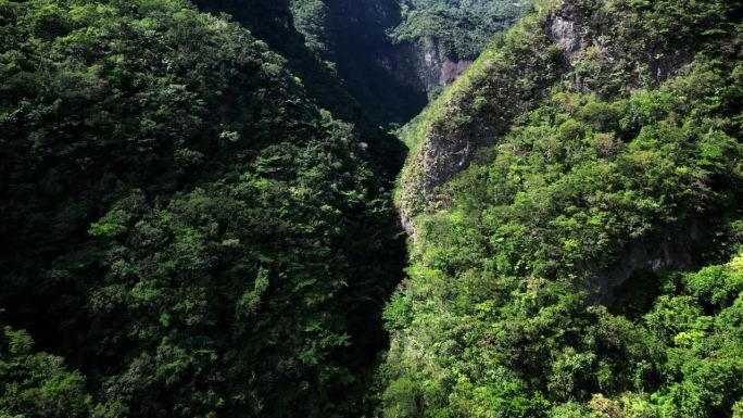 在圣克里斯托瓦尔的穆哈斯阿瓜斯，郁郁葱葱的山脉和深邃的峡谷。多米尼加共和国。空中向前
