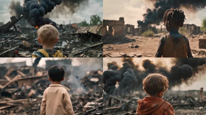 战火后劫后余生的儿童背影