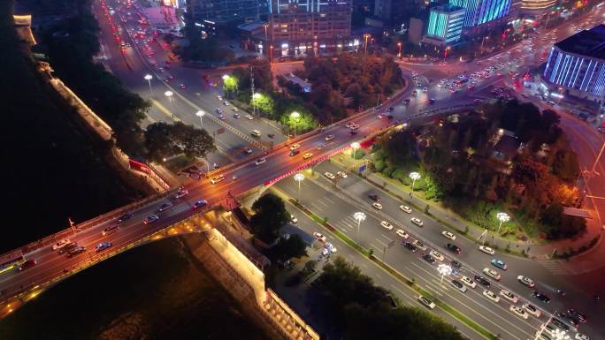 长沙夜景橘子洲大桥湘江中路车流交通航拍立