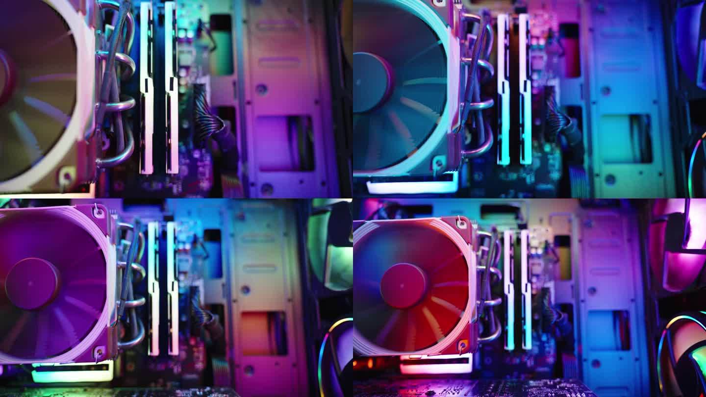 多莉变焦，在一个游戏PC与彩虹照明的风扇和组件。