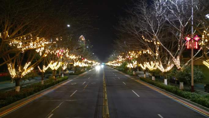 小县城夜晚街道  马路亮化