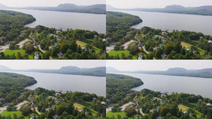 加拿大魁北克省湖滨镇度假胜地全景。无人机航拍