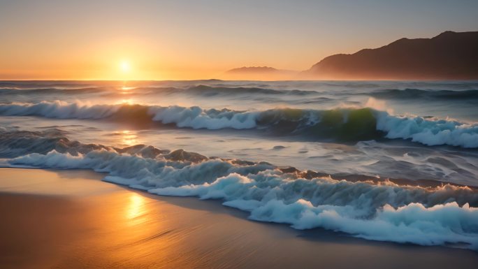 海上夕阳浪花翻滚巨浪击打海岸灯塔唯美空镜