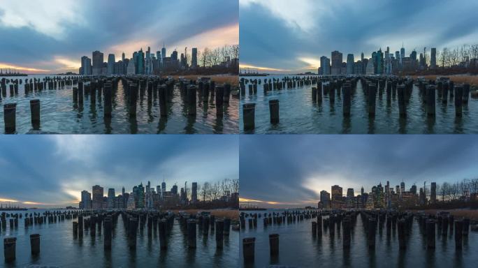 美国布鲁克林大桥公园老一号码头的木桩与纽约金融区的天际线。——间隔拍摄