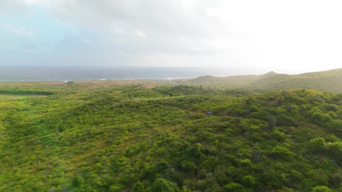 黄金时间朦胧的光芒蔓延在加勒比海沿海岛屿上充满活力的翠绿色山丘，神秘的地平线航拍摄影