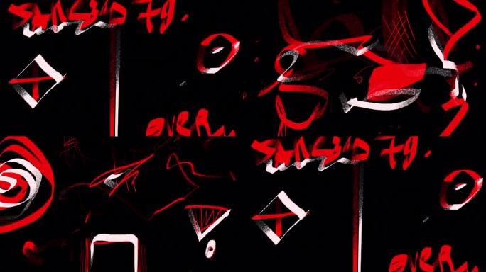 黑屏上的红白粗笔画和符号。