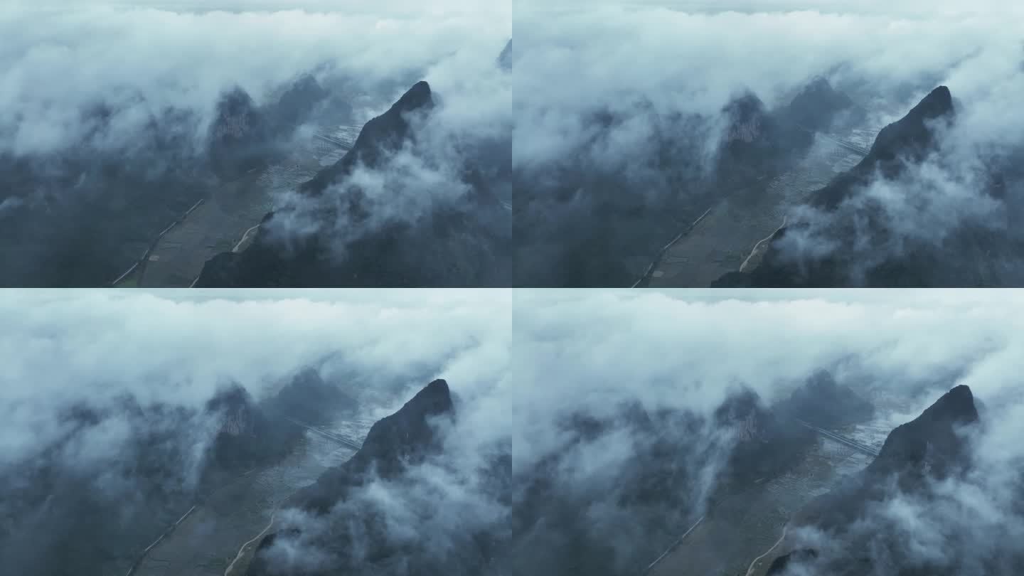 春天雨后桂林喀斯特山谷上空云雾缭绕