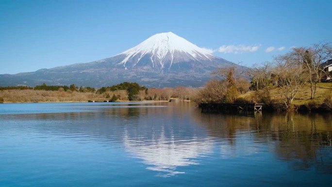 在蓝天的日子里，富士山撞击山脉，倒影在川口湖上，川口湖是游客和旅行者的地标和目的地。冬天宁静的夜晚，