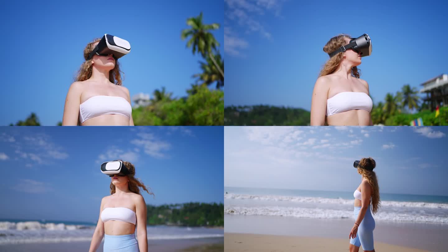 女人戴着耳机体验虚拟现实，站在热带海滩上，探索数字天堂。好奇的用户沉浸在虚拟现实世界中，感受沙子，听