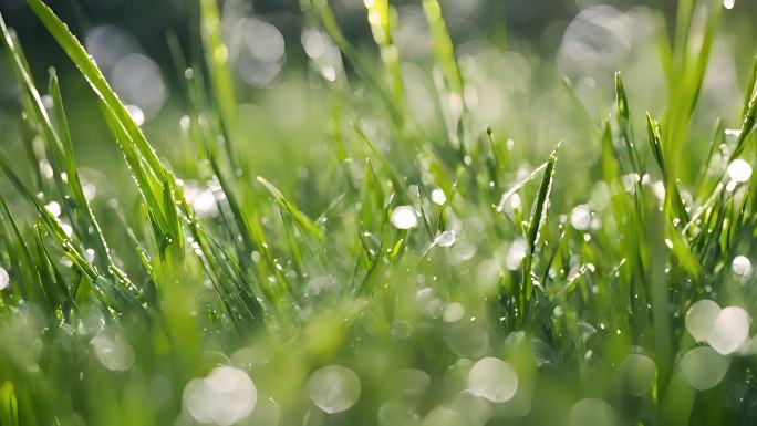 晨露中的绿草清晨露水阳光绿色草地