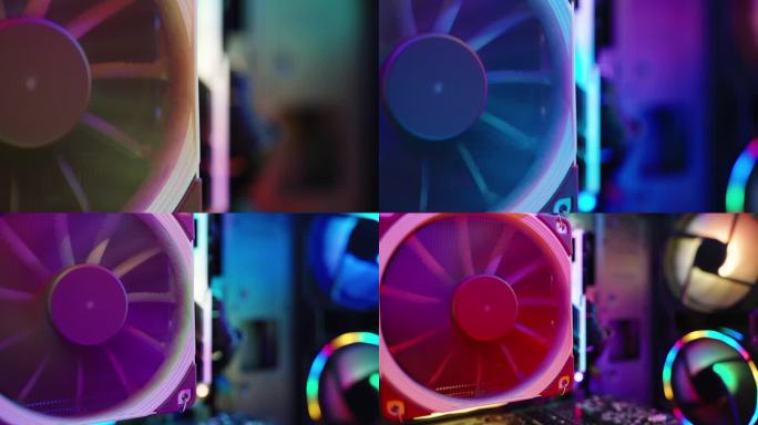 散热器与处理器上的冷却器进行冷却，桌面PC的内部组件与RGB照明，变焦，特写。