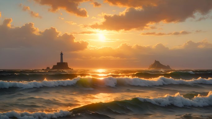海上夕阳浪花翻滚巨浪击打海岸灯塔唯美空镜