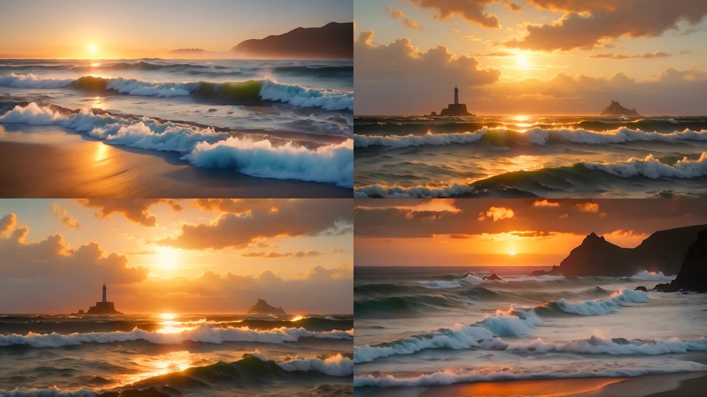 海上夕阳浪花翻滚巨浪击打海岸灯塔唯美空镜