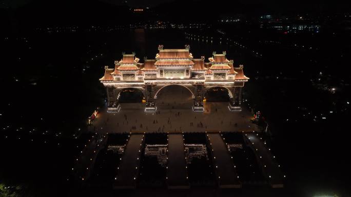 佛山顺德老城公园夜景牌坊航拍