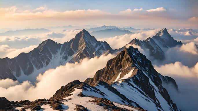 雪山之巅云层翻滚延时群山绵延云海之上空镜