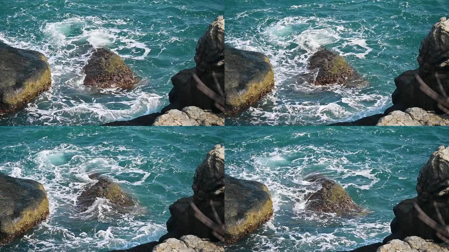 海浪拍打沙滩礁石升格慢镜头
