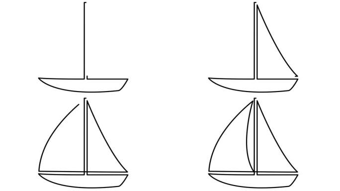 动画黑色游艇绘制。帆船的线形符号。旅游、休闲、航海、帆船赛的概念。毛圈的视频。线矢量插图孤立的白色背