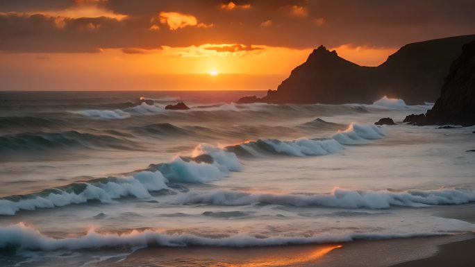 海上灯塔海浪拍打海岸大海夕阳浪花翻滚波涛