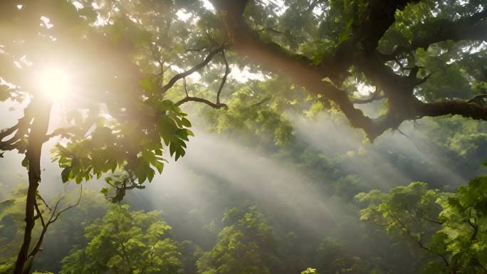 丁达尔效应清晨阳光穿过树林森林雾气光影