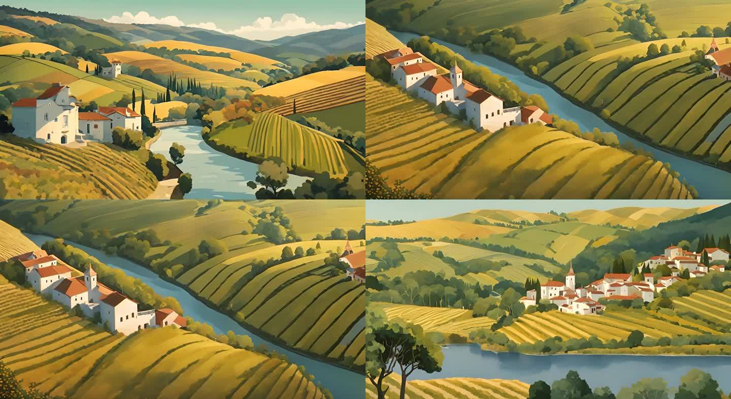 梯田油画，乡村油画，乡村景观，向往村庄