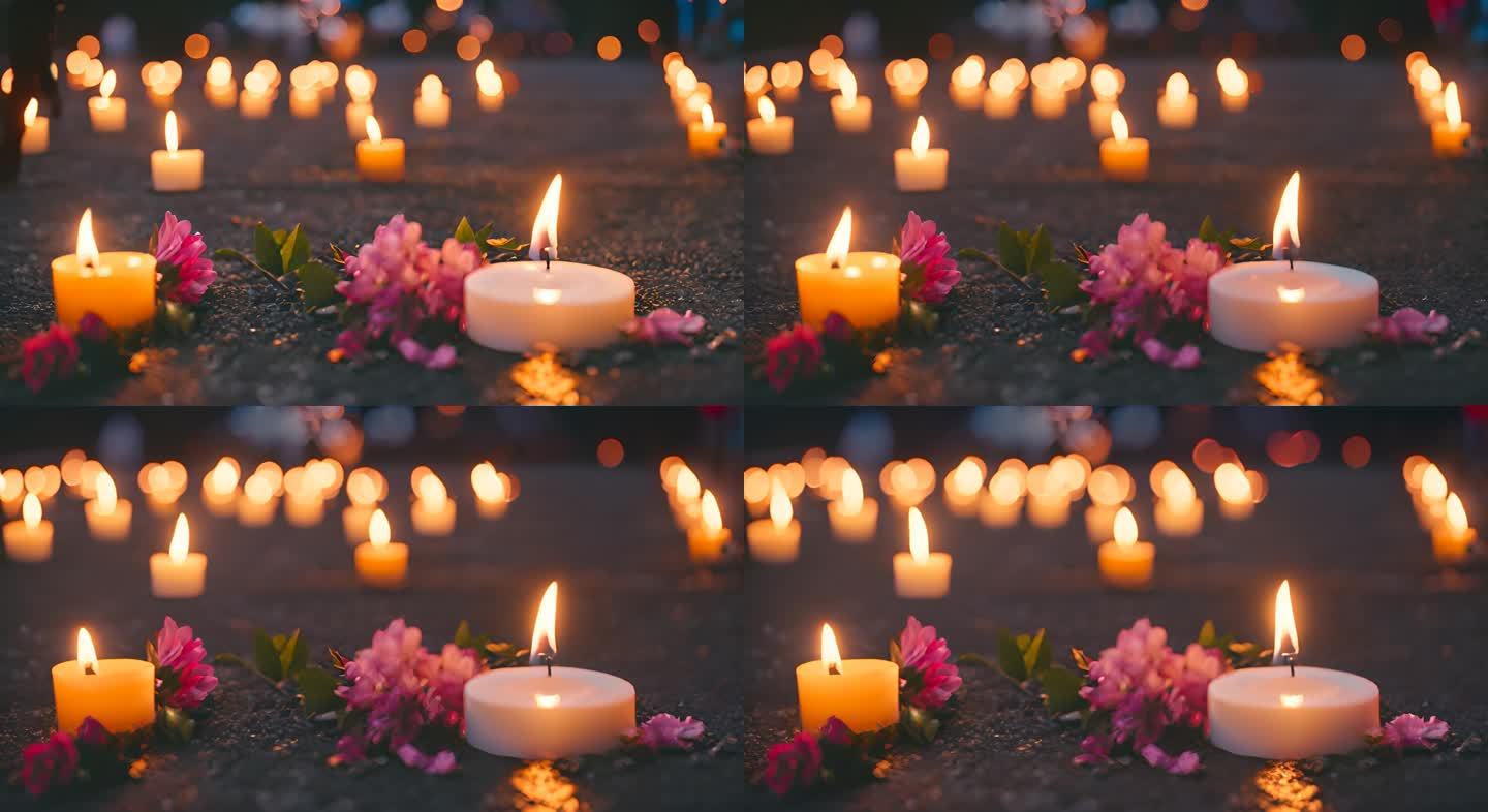 守夜时鲜花和蜡烛排列在街道两旁