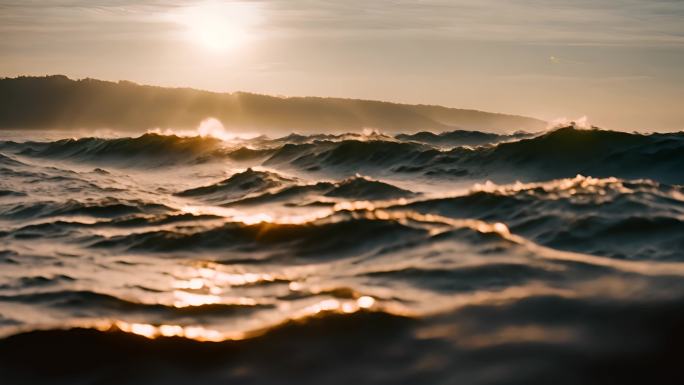 海面波浪翻滚波涛汹涌夕阳海面余晖大气空镜