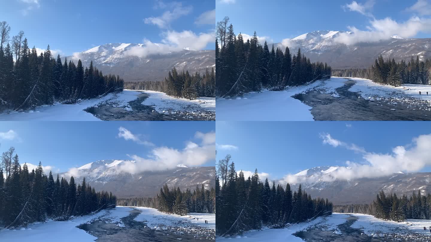 雪山 河流 冰雪覆盖 喀纳斯河 延时