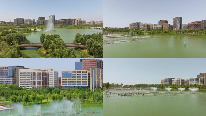 雄安领导车队城市建筑公园绿植水面喷泉航拍