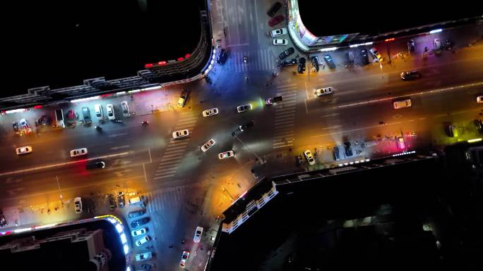 辽宁绥中城市交通路口夜景航拍